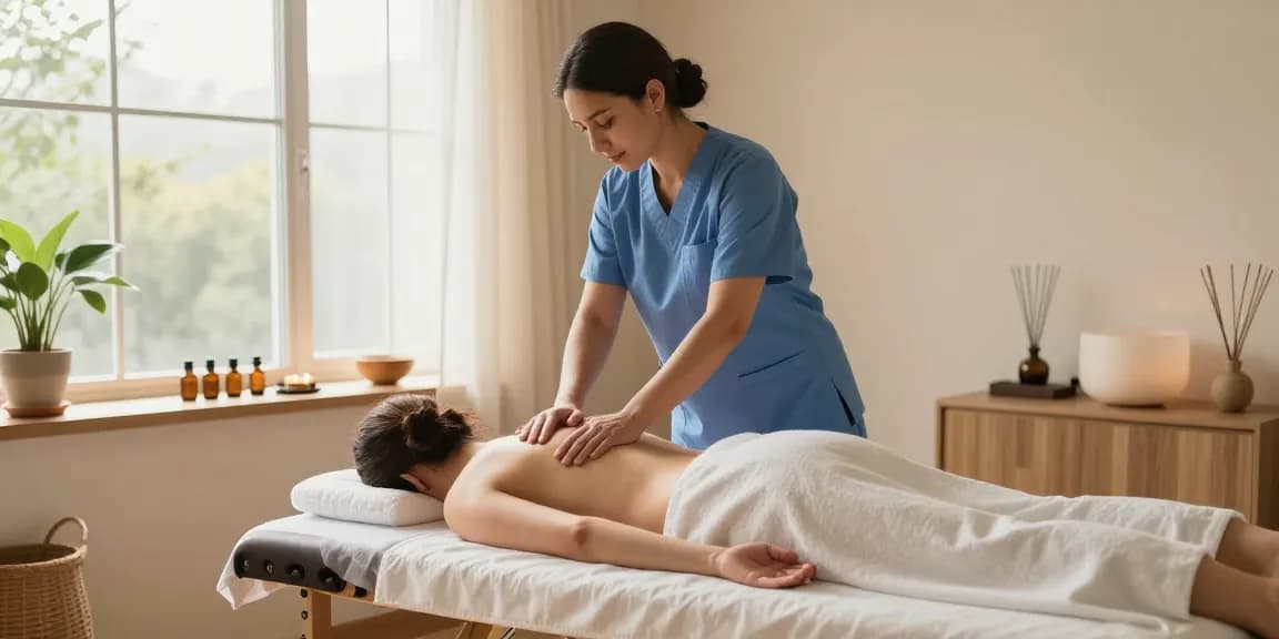 군포출장마사지 in a serene home setting with a therapist providing a soothing massage therapy session.