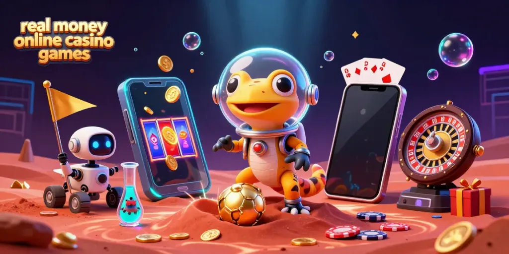 Engage in real money online casino games with a vibrant Martian gecko discovering a hidden casino.