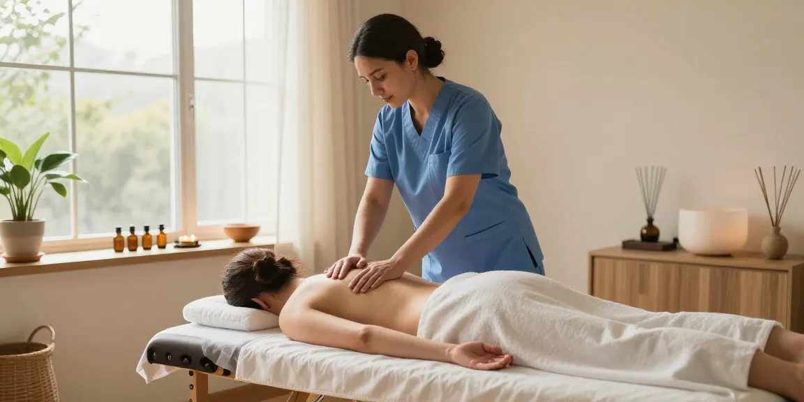 군포출장마사지 in a serene home setting with a therapist providing a soothing massage therapy session.
