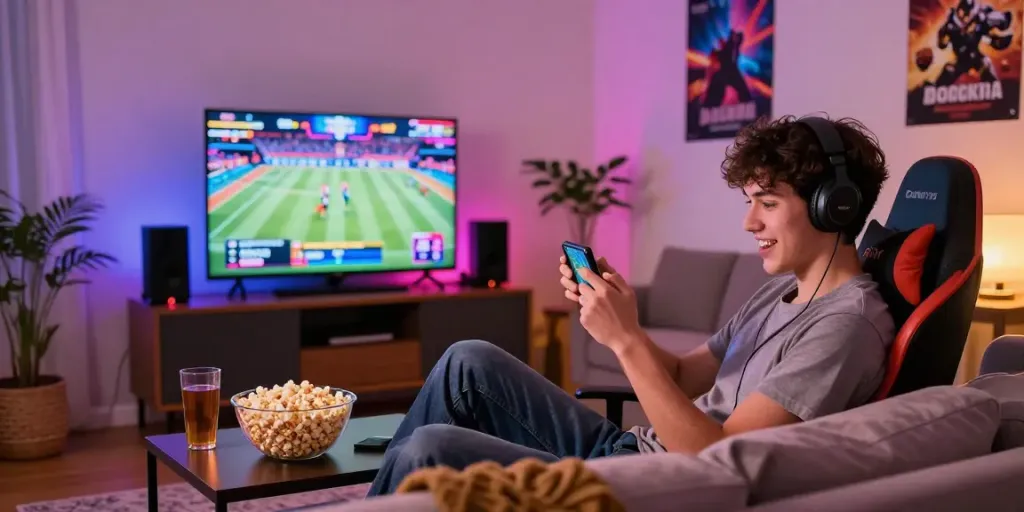 Engaged gamer using the m88 link mobile app in a cozy setting with snacks and sports graphics.