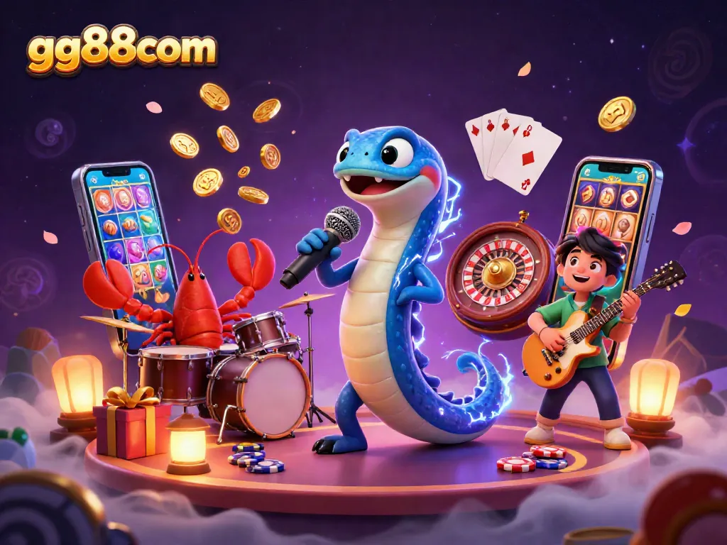 Spin to win at gg88com with a vibrant underwater casino scene featuring electric eel DJ and friends.