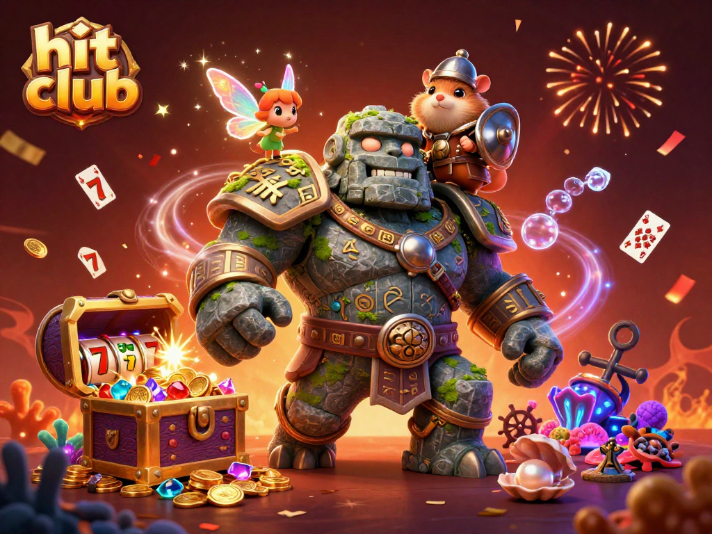 Engage with hit club's immersive casino world featuring a stone golem, fairy, and hamster knight.