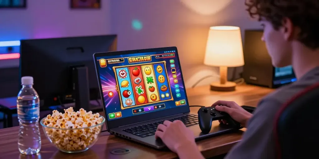 Engaged player enjoying situs slot games on a laptop in a vibrant gaming setup.