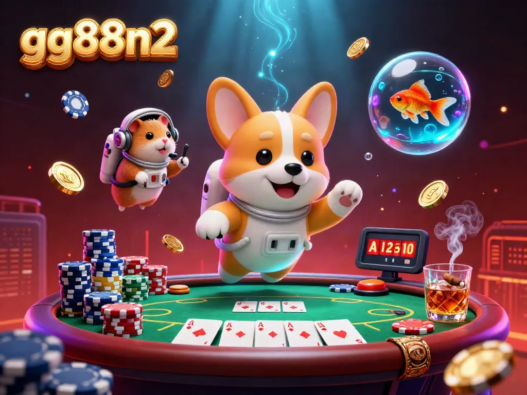 Experience the thrill of gg88n2 with a vibrant floating casino scene featuring an astronaut corgi, poker elements, and cosmic decor.