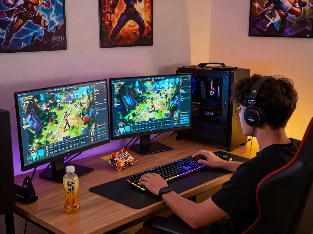 Player utilizing rokok88 alternatif to enhance gaming strategies in a vibrant setup.