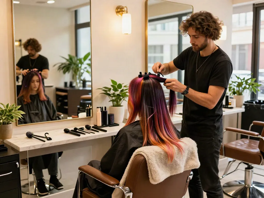 Tape-in extensions human hair being applied by a stylist in a chic beauty salon, showcasing vibrant colors and a stylish atmosphere.