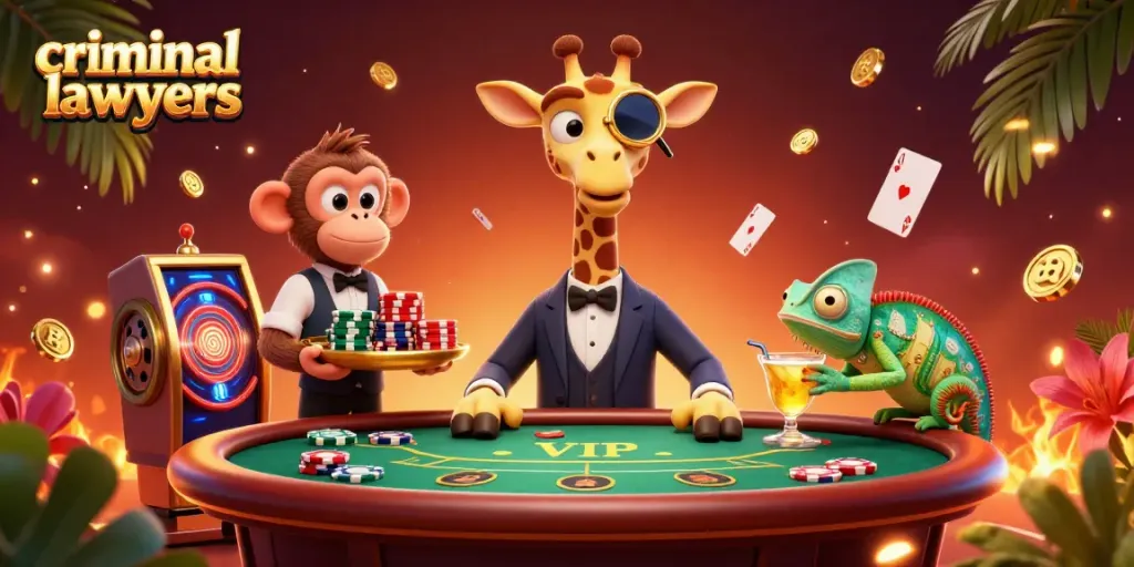 Engaging scene of criminal lawyers in a playful casino setting, showcasing legal expertise with gaming elements.
