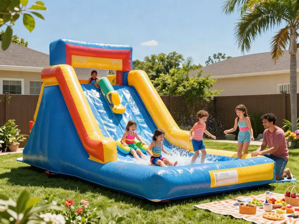 Kids having fun on inflatable water slides water in a vibrant backyard.