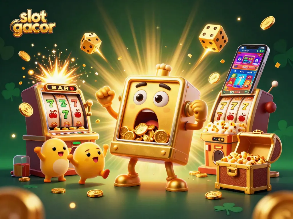 Witness the excitement of slot gacor as a golden slot machine celebrates its big win, coins flying everywhere!