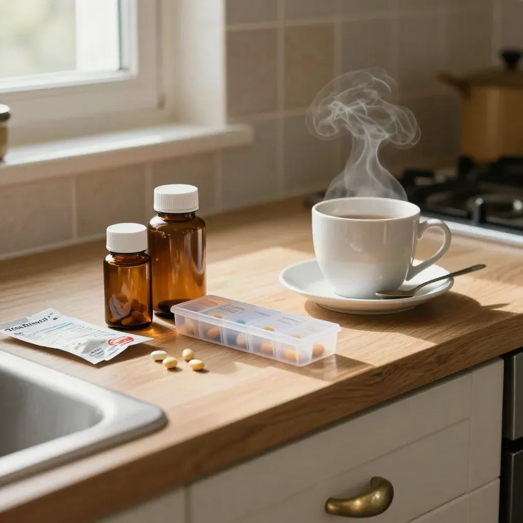 Morning kitchen counter with vitamins, steaming mug, pill organizer, and folded pharmacy bag.