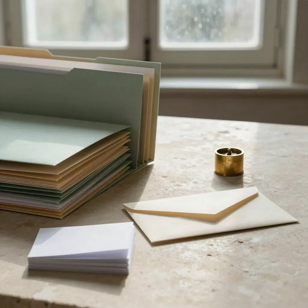 Source envelopes, archive folders, blank cards, and brass paperweight on rain-lit stone.