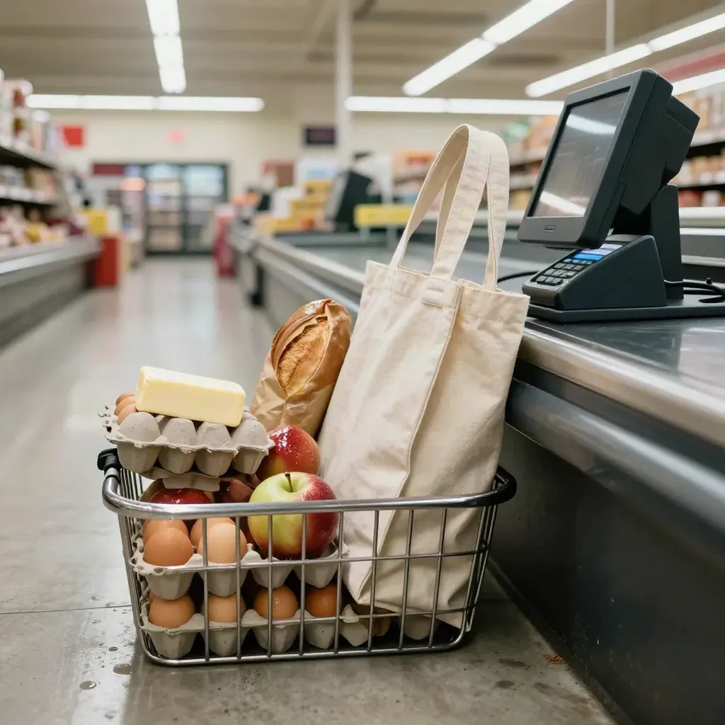 Rainy grocery checkout lane with basket, card terminal, and reusable totes under cool fluorescent light.