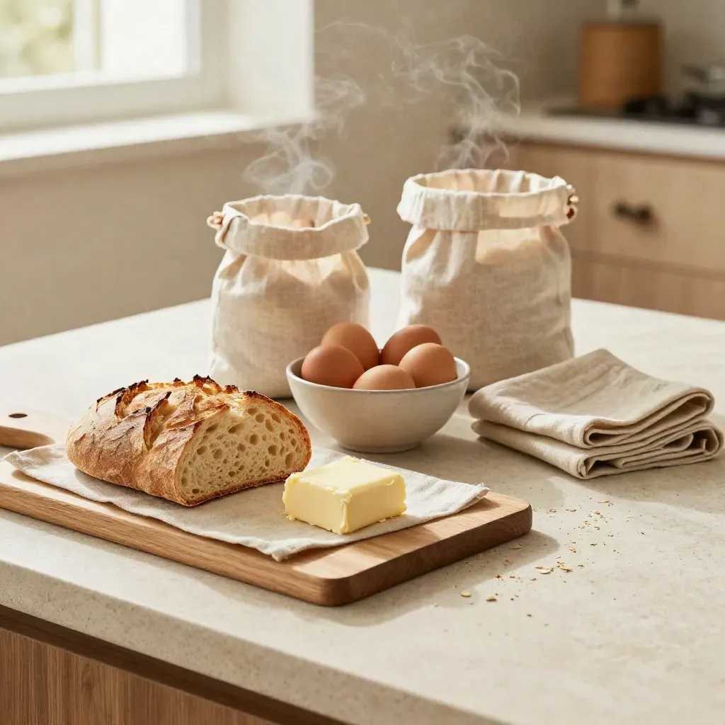 Bread, eggs, butter and cloth grocery bags on a warm kitchen counter in soft daylight.