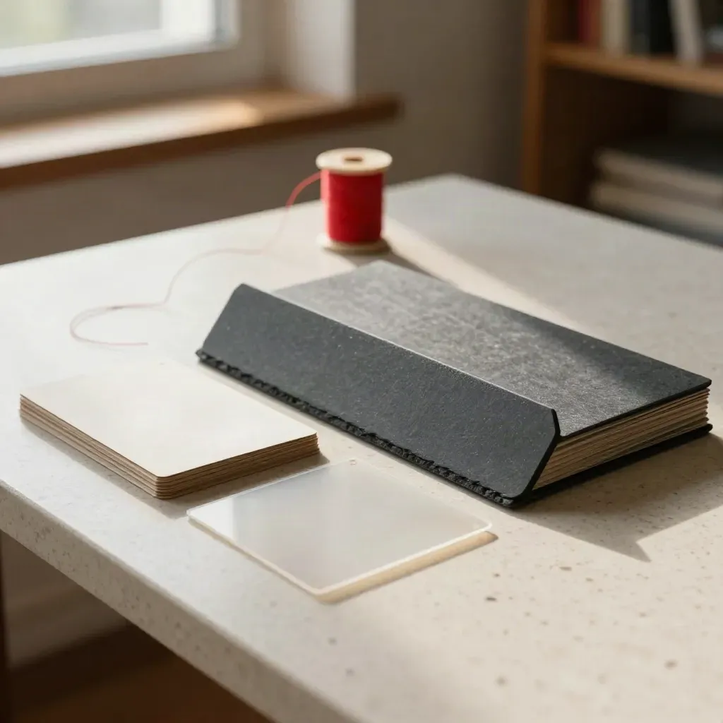 Overhead source cards, tab dividers, and red thread on a travertine verification table.
