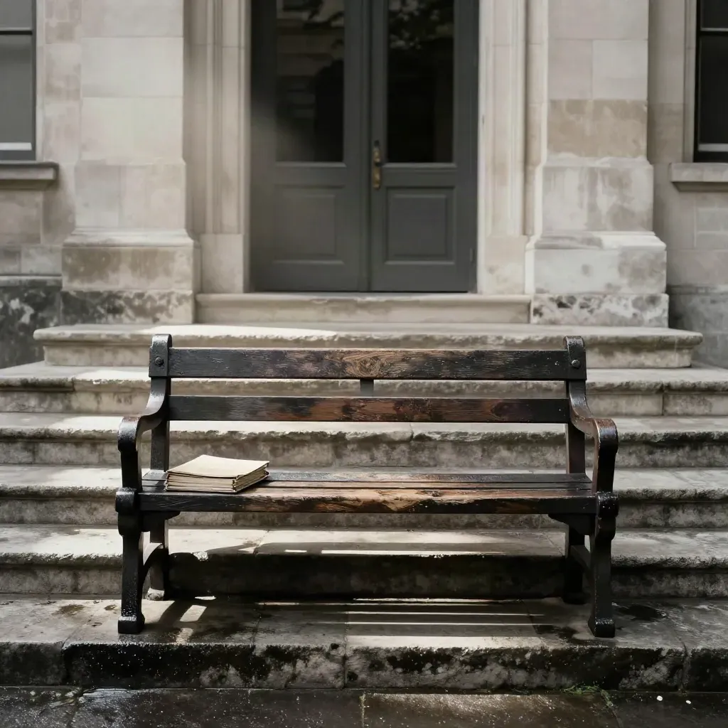Rain-slick courthouse steps, bench, and sealed case folder beneath closed doors