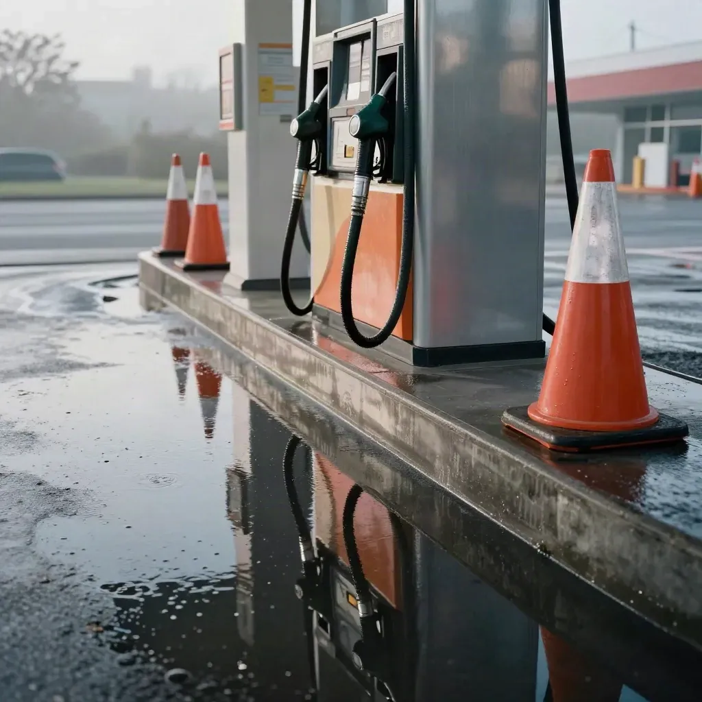 Rainy gas station pump island with cones, wet asphalt, and misty dawn reflections.