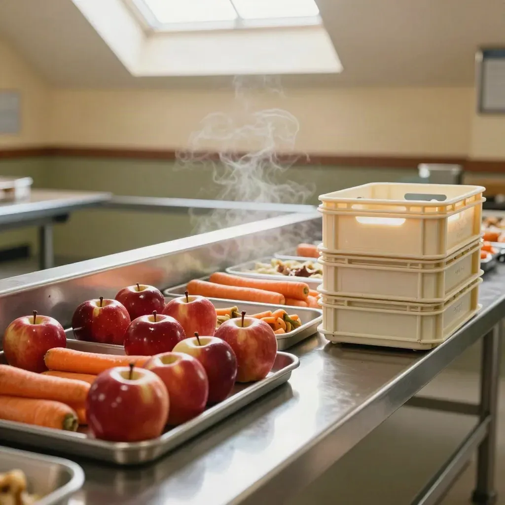 Cafeteria serving rail with trays, apples, carrots, milk crates, and rising steam