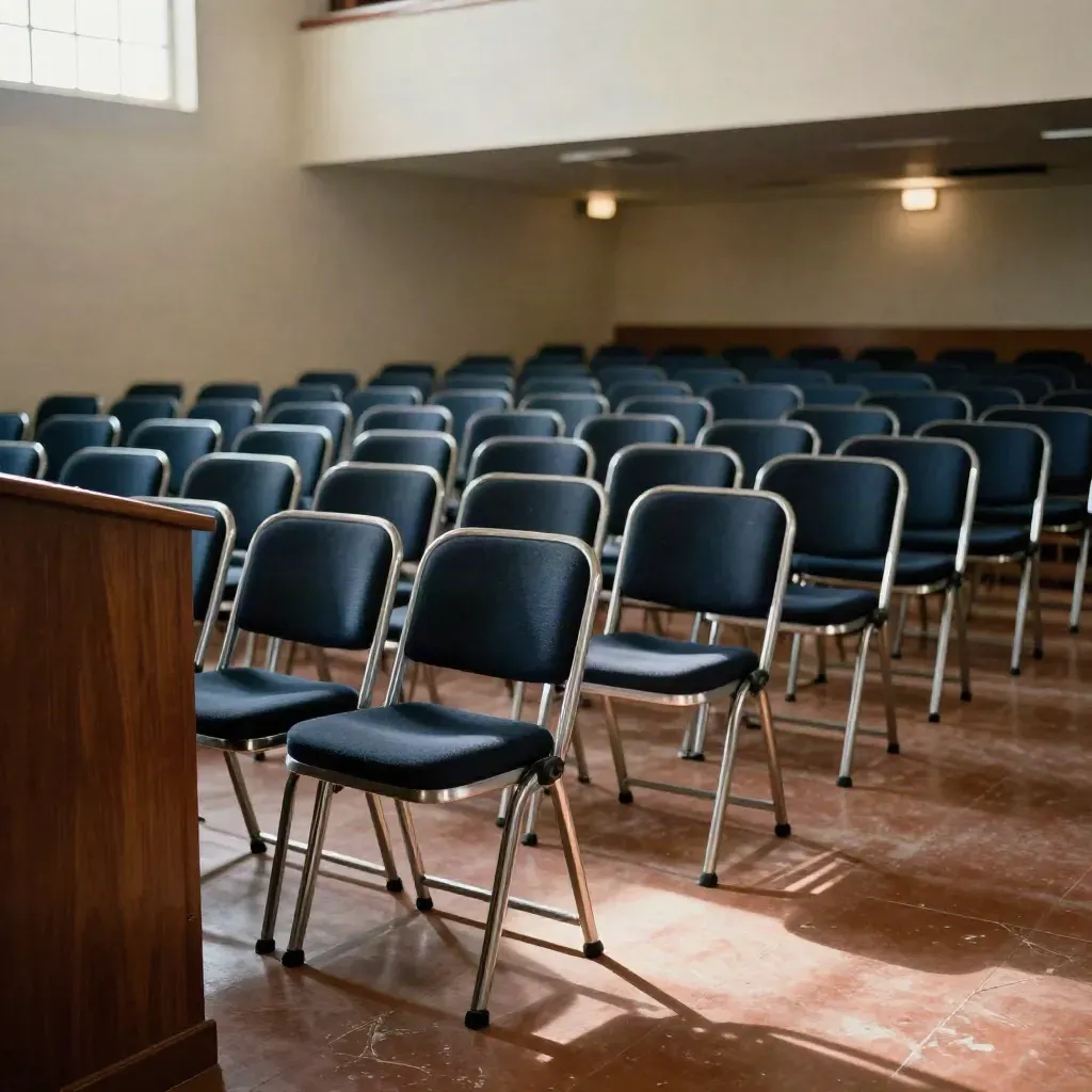 Empty civic auditorium with folded navy chairs, podium, and dim exit lights after an event.