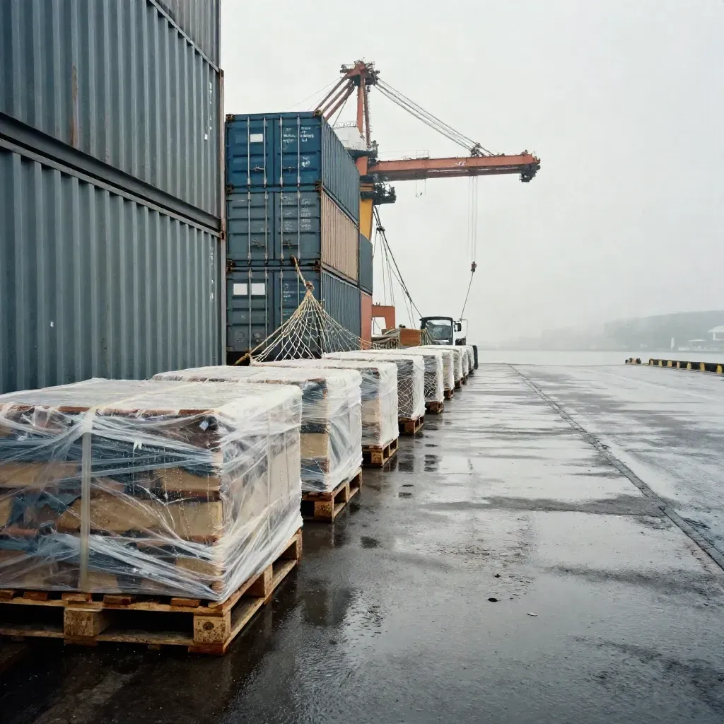 Rainy port dock with shrink-wrapped pallets, cargo net, and paused cranes in sea mist.