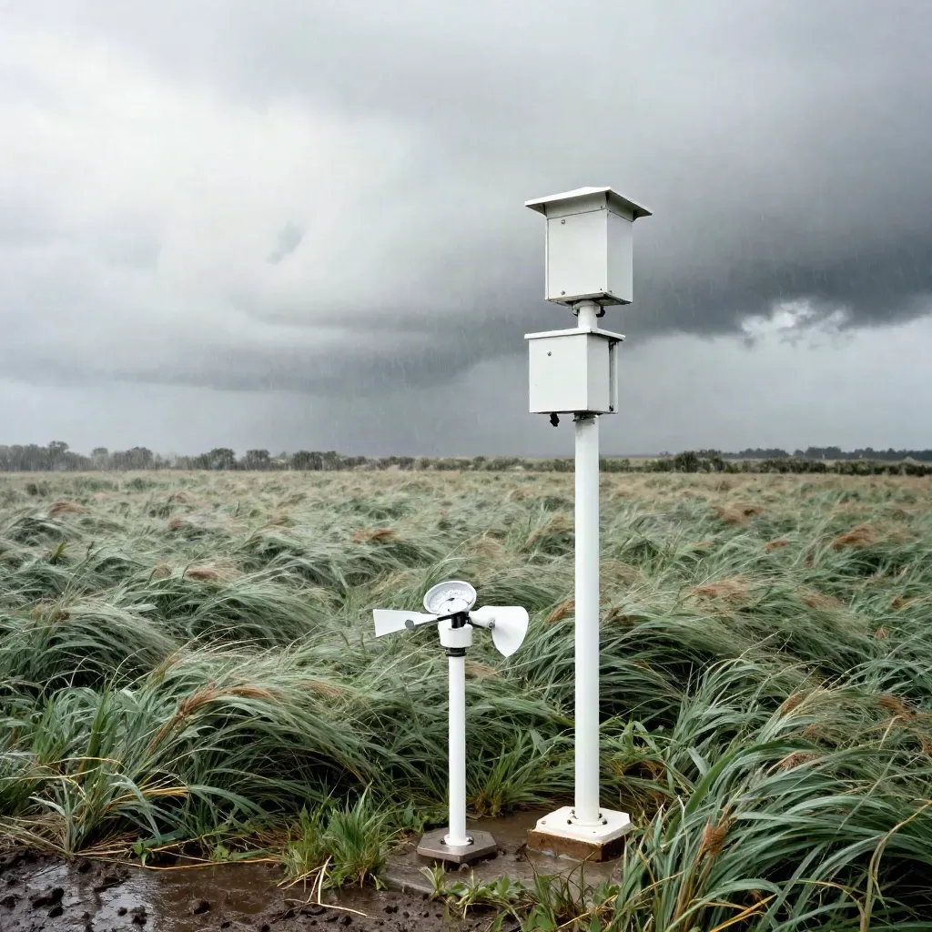 Weather station in a windy field as rain and a squall approach.