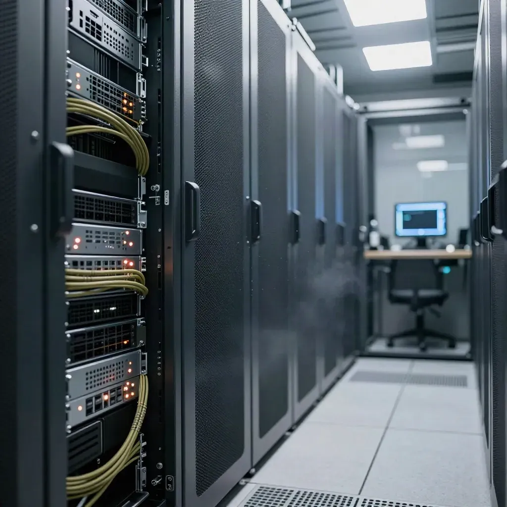 Low-angle server aisle with blinking rack lights and a blurred research workstation glowing beyond.