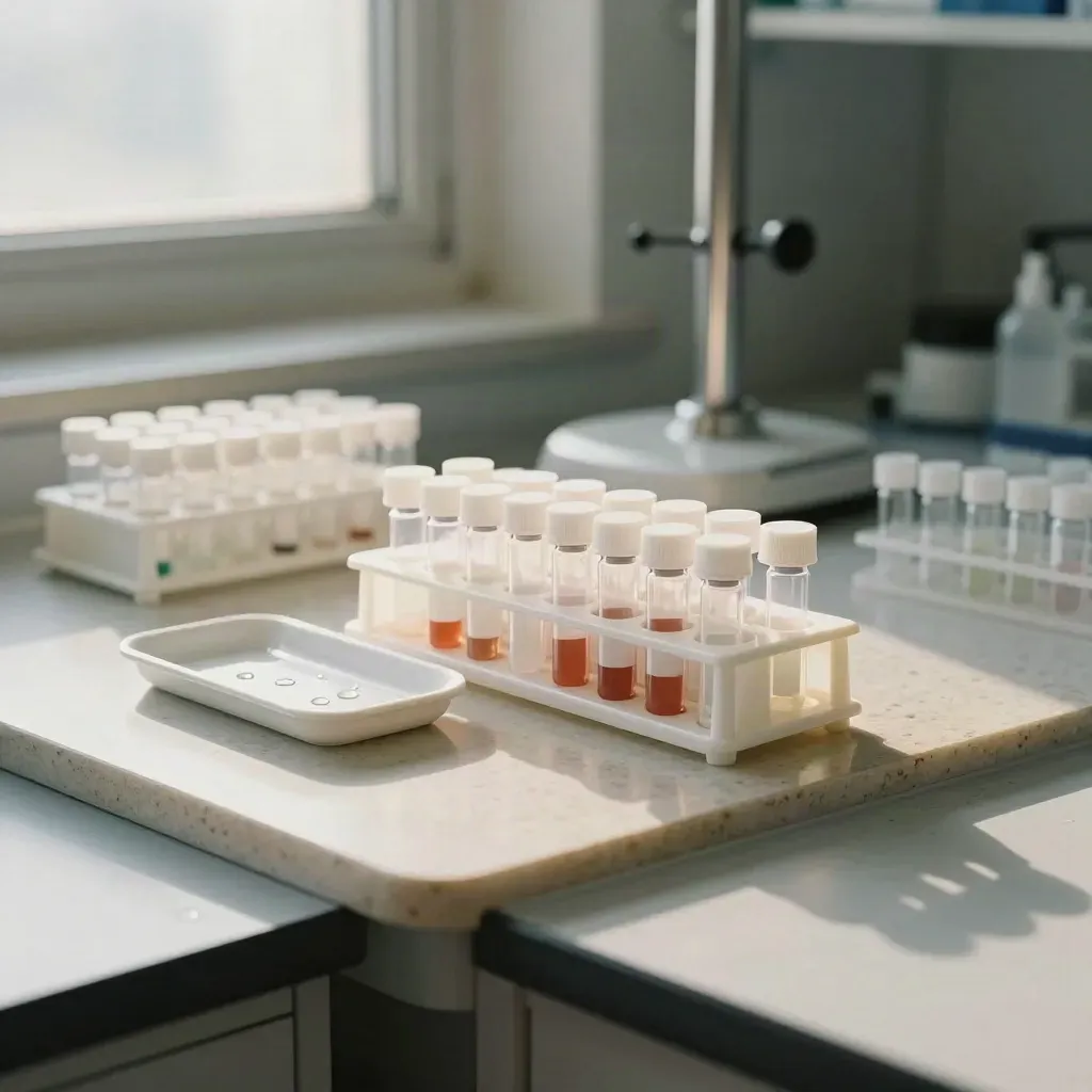 Lab counter with aligned sample racks, sealed vials, and a white ceramic tray in soft daylight.