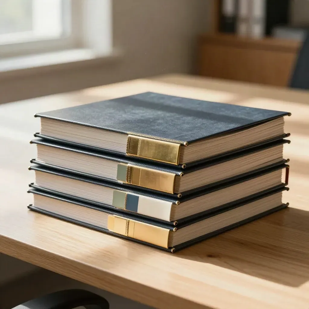 Face-down legislative binders with page flags and a brass clip on a long oak review table.