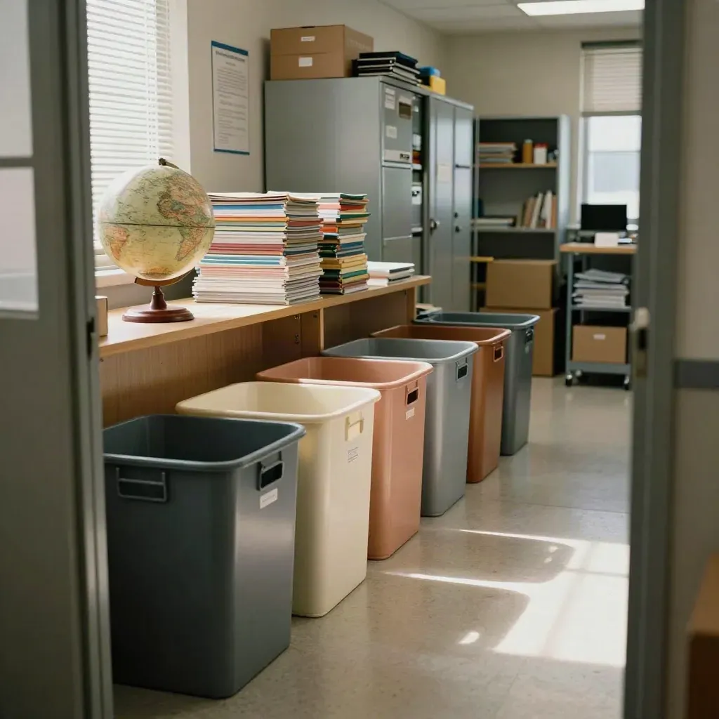 Quiet school district office with color-coded bins, wooden globe, and stacked learning boxes.