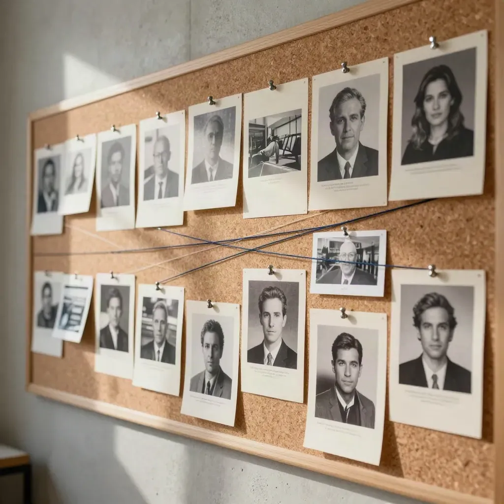 Newsroom cork wall with face-down photo prints, pushpins, and crossing string lines.