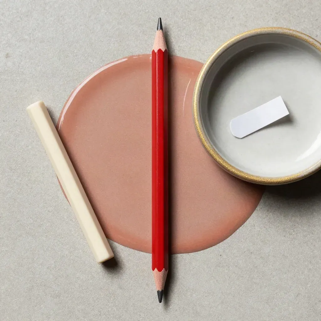 Overhead flatlay of a red correction pencil, eraser, and ceramic dish on stone.