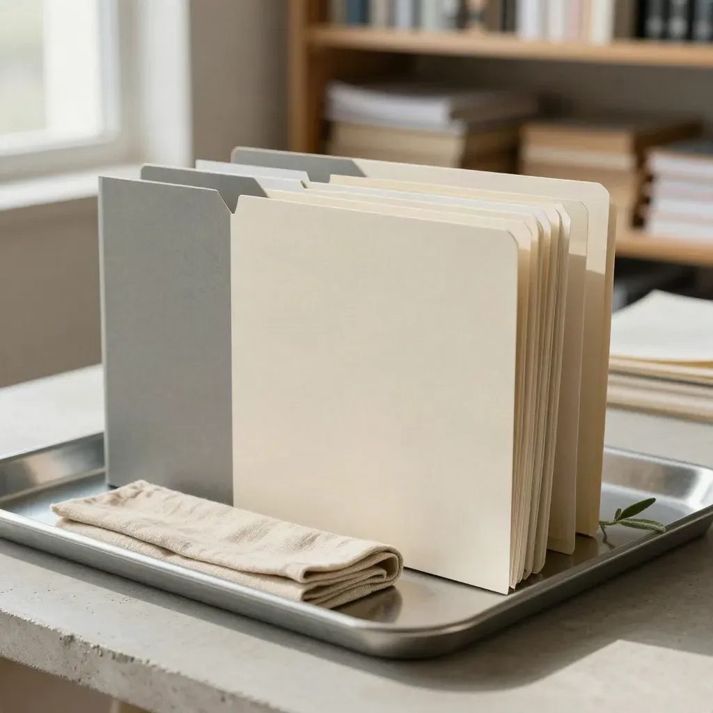 Clipped archive folders, linen cloth and plant cutting on a metal tray in soft daylight.