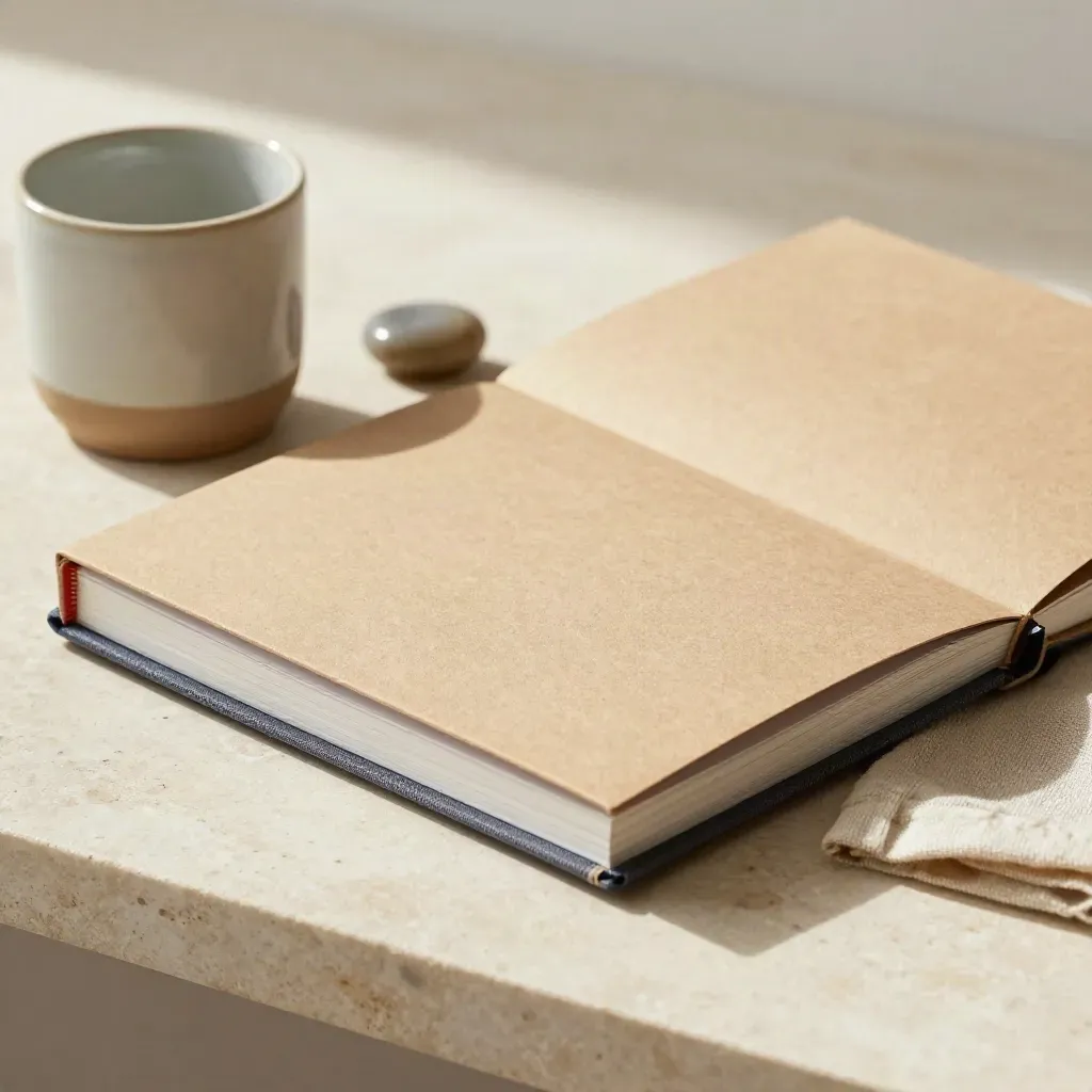Open reference binder with cup, stone paperweight, and folded cloth on pale stone.