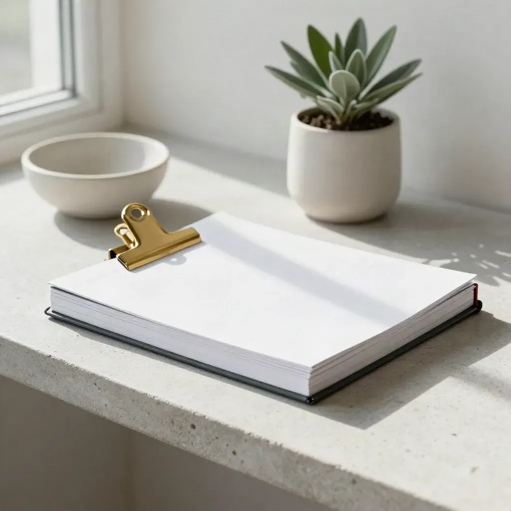 Closed graph-paper notebooks, brass clip, plant and plaster bowl on a pale stone shelf.