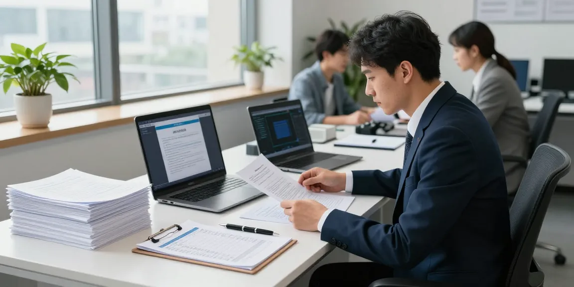 Data analyst using document fraud detection tool in a professional office setting.