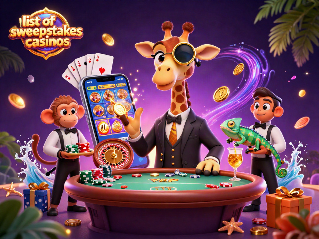 Engaging scene featuring a list of sweepstakes casinos with a high-roller giraffe and dynamic game elements.