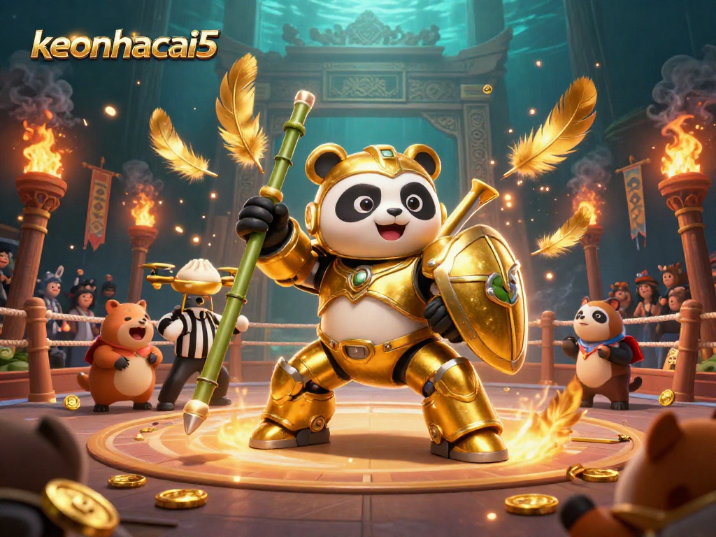 Experience thrilling bets with keonhacai5 as a golden panda battles in a packed sports arena.