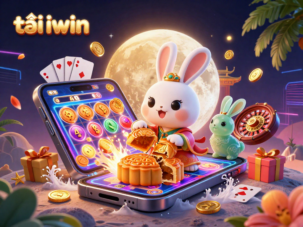 Engage with the lively scene of tải iwin as the moon rabbit crafts mooncakes revealing poker chips amidst a dynamic casino atmosphere.