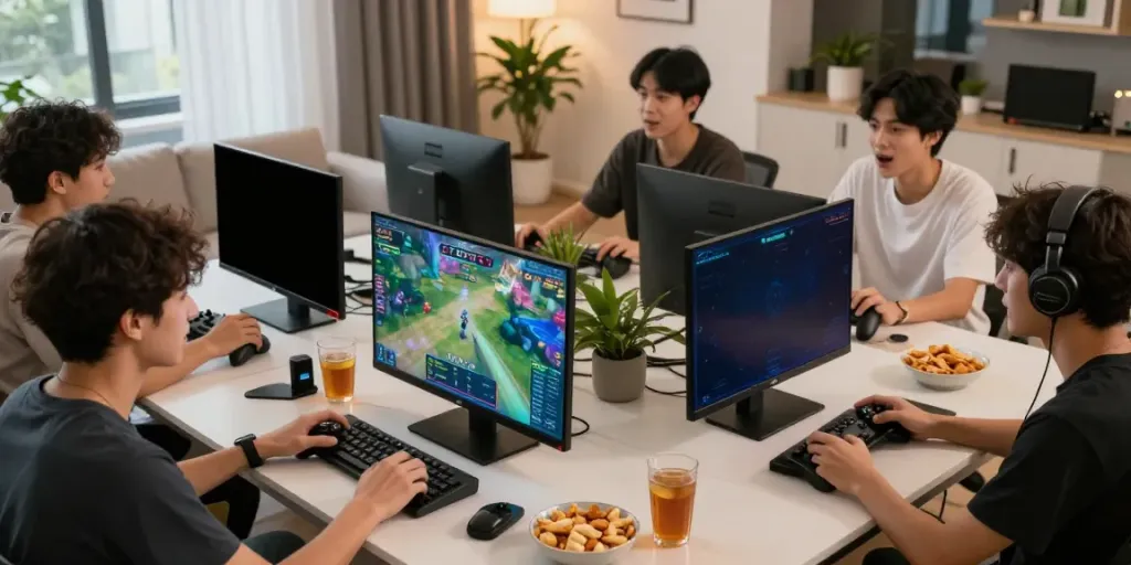 Engaged gamers enjoying ROKOK88 online challenges with vibrant screens.
