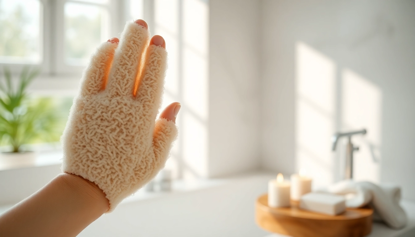 Hand loofah glove displayed elegantly with decorative elements for a calming atmosphere.