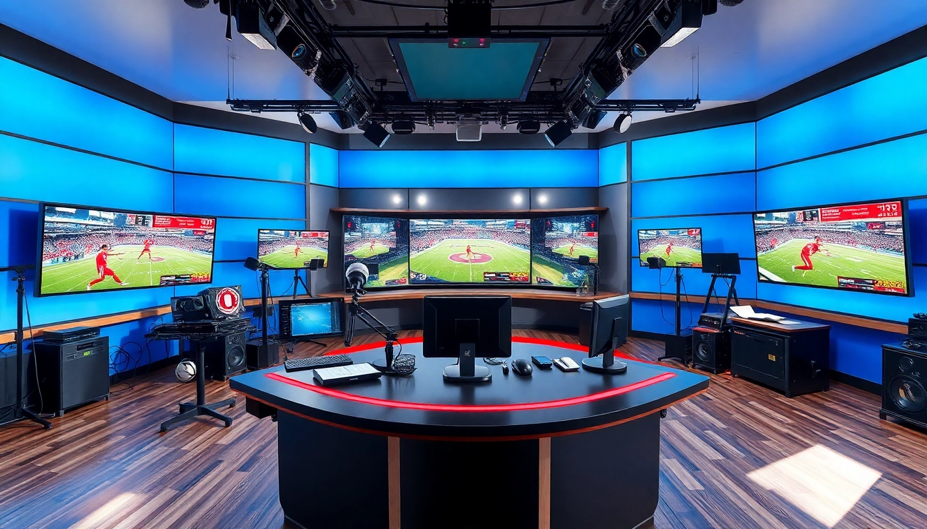 Engaging sports broadcasting set showcasing live coverage with dynamic screens.
