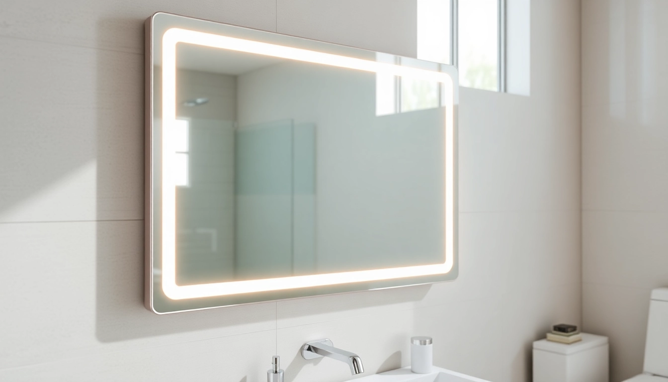 Enhance your space with a modern mirror and led lights showcasing reflections in a stylish bathroom.