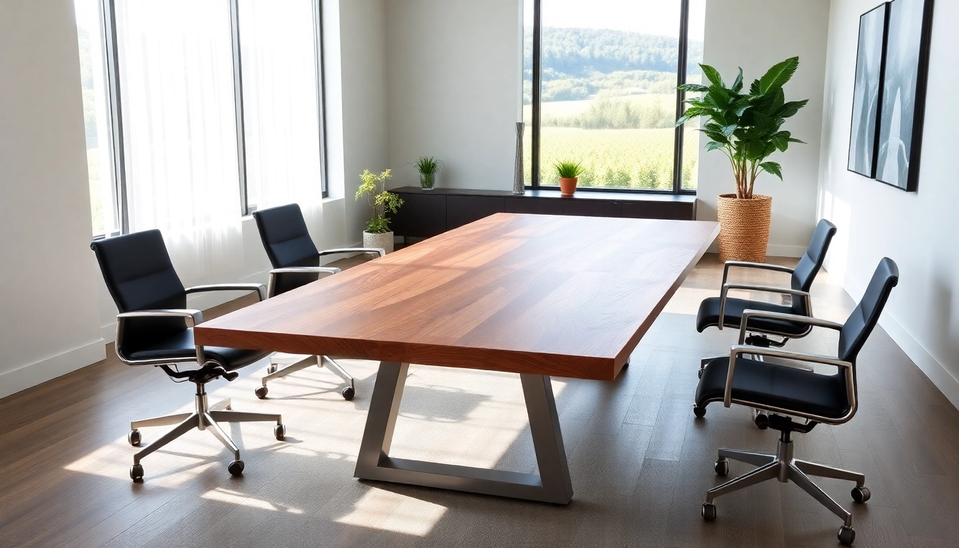 Custom conference table made from solid American hardwood, set in a professional conference room.