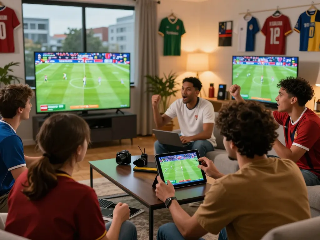 Engaged fans analyzing 1gom betting odds during a live football match.