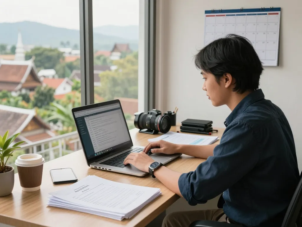 Translation Services in Chiang Mai: Professional translator engaged in document work at a vibrant office.