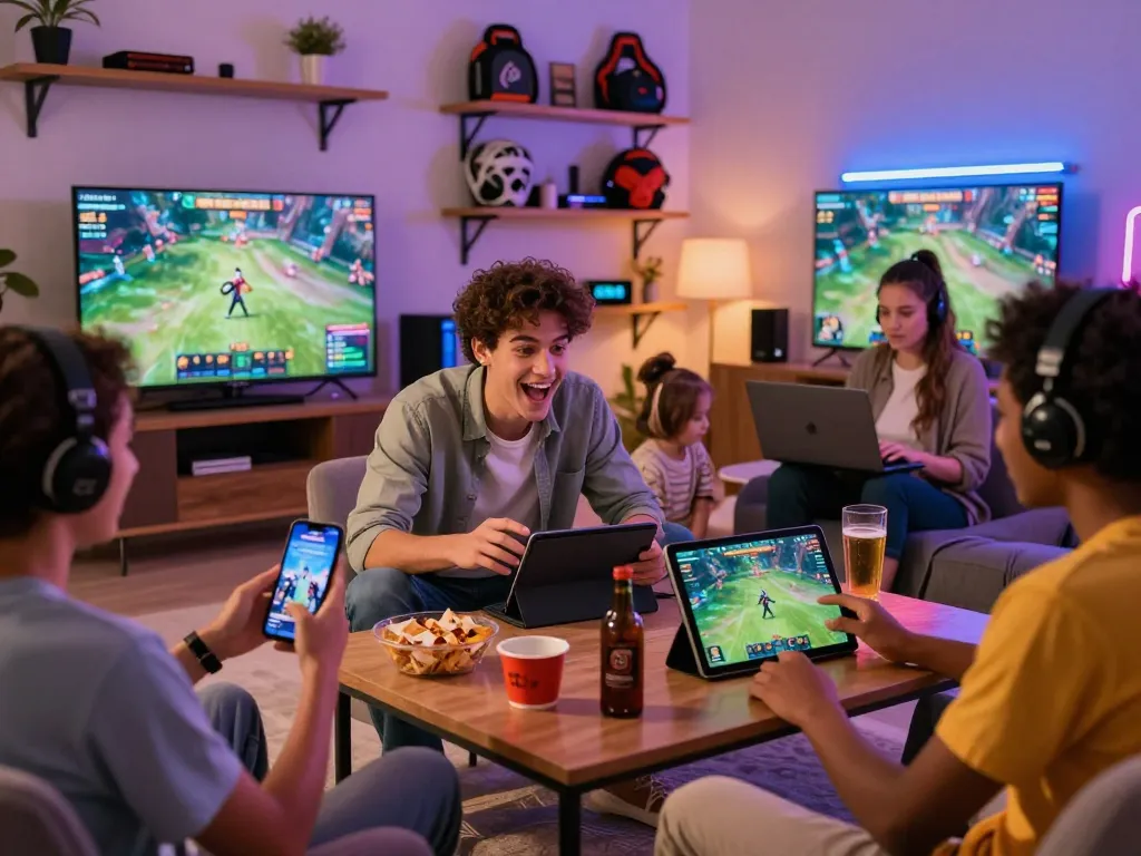 Friends enjoying rik vip gaming on various devices in a cozy living room setting.