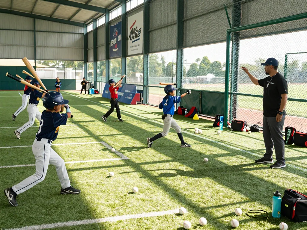 Hitclub young athletes training in batting cages, focused on skill improvement in a dynamic sports environment.