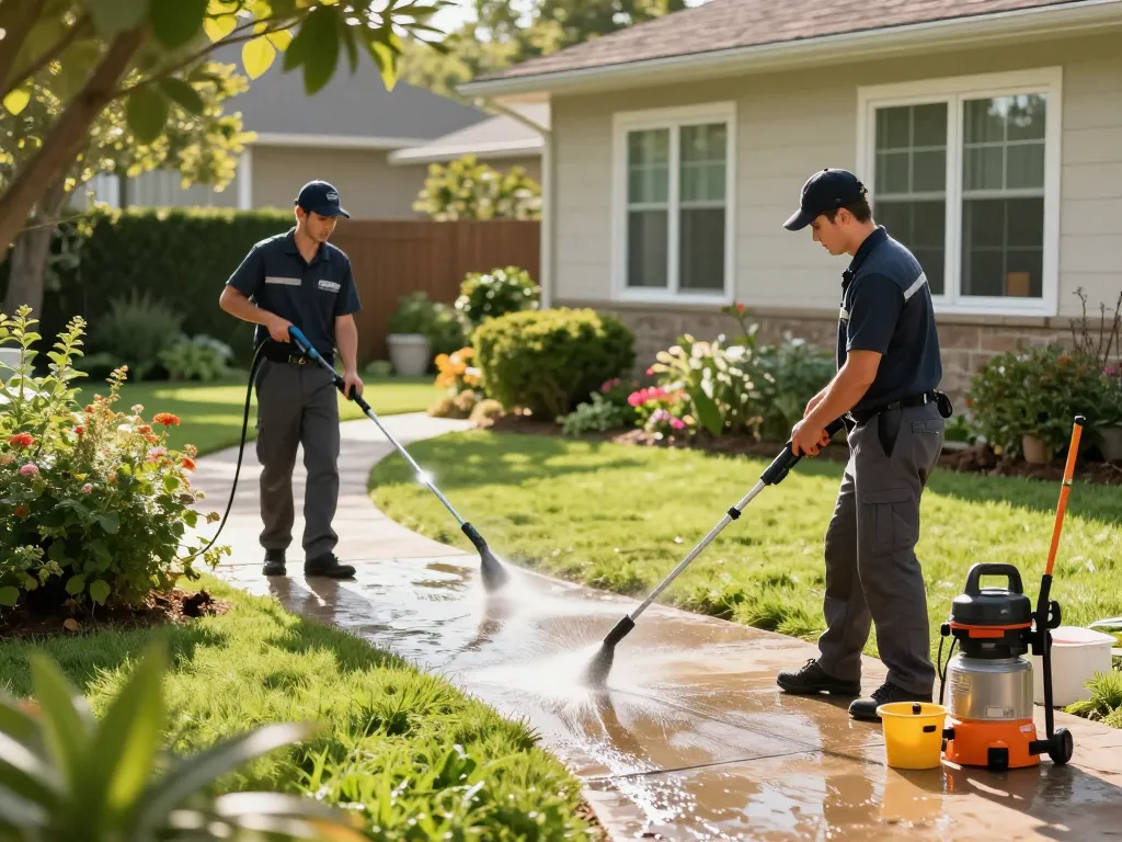 Dynamic teamwork showcasing exterior cleaning services Atlanta with professional technicians washing a home.