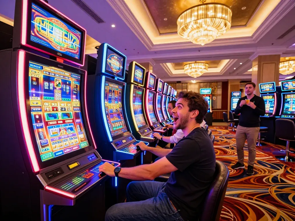 FC88 player pulling the lever on a vibrant slot machine in a lavish casino setting