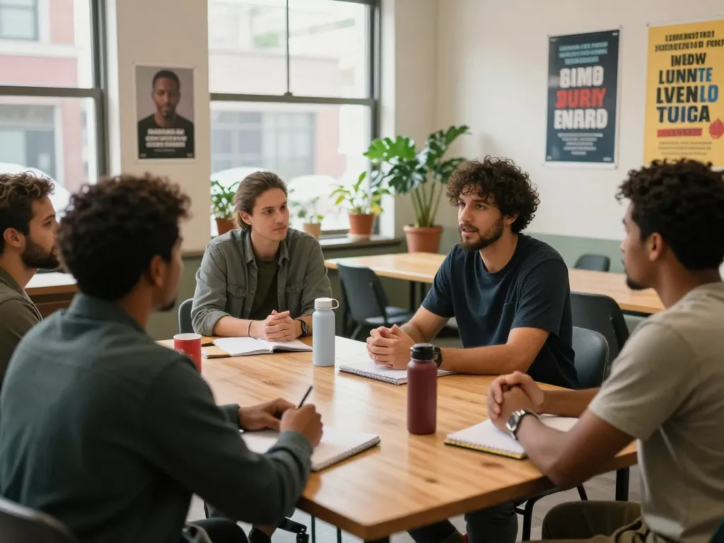 Men participating in a manclub discussion for mental wellness in a community center.