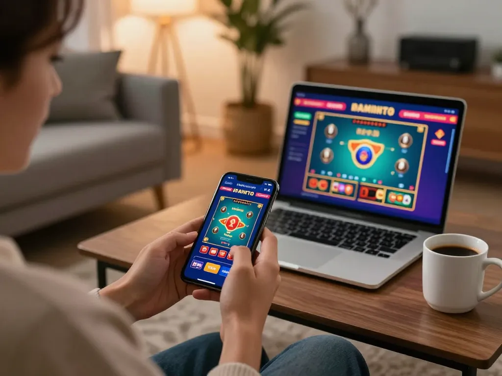 Man club mobile gaming experience with a player using a smartphone for casino betting in a cozy setting.